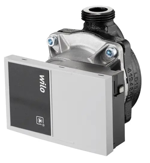 Oventrop Hocheffizienzpumpe mit schwarz-silbernem Gehäuse und Anschlussgewinde, zur Verwendung in Heizungsanlagen. Sichtbare Schrauben und Klemmen am Gerät.